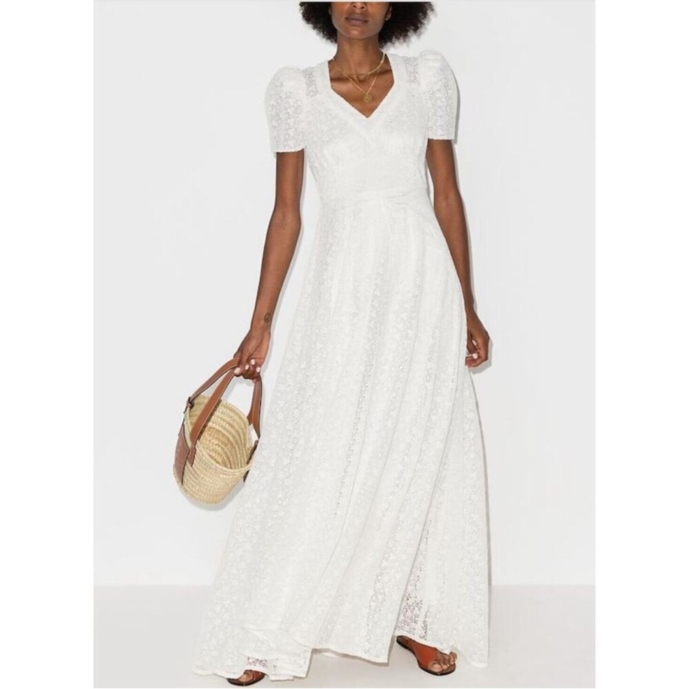 LoveShackFancy Castella White Lace V-Neck Wedding Dress with Puff Sleeves